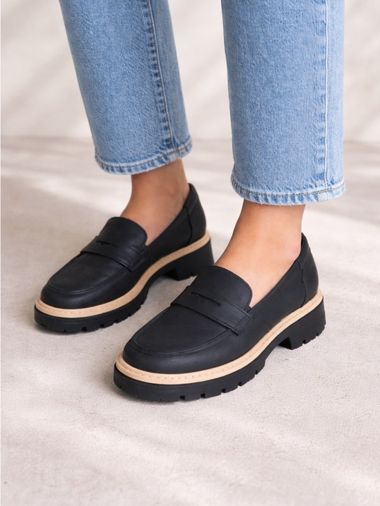 Toms Shoes - TOMS Cara Black Leather Platform Lug Sole Loafers NWOB 8.5